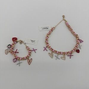 Betsey Johnson Hearts Multi‎ Charm Ribbon Necklace Bracelet Valentine NWT